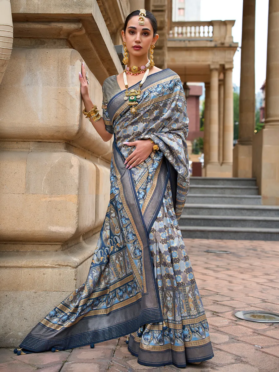 Stunning blue printed saree in silk