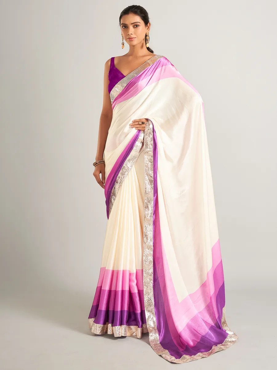 Stunning cream and purple plain masru silk saree