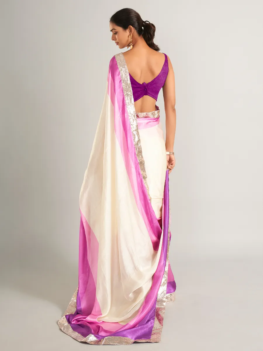 Stunning cream and purple plain masru silk saree
