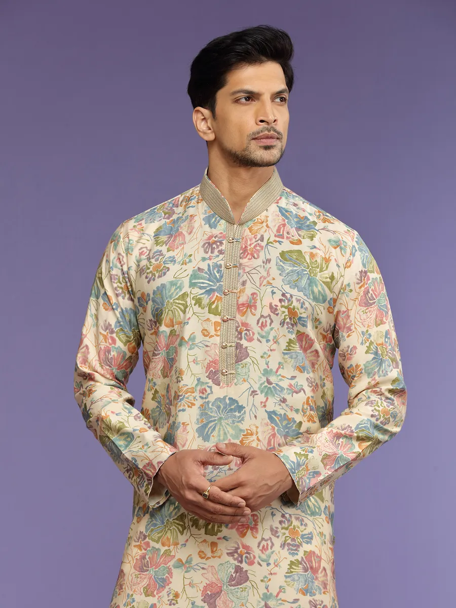 Stunning cream printed  Men Kurta pajama