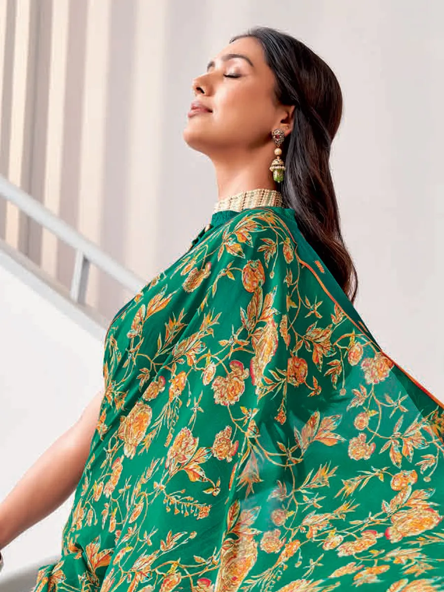 Stunning dark green floral printed saree