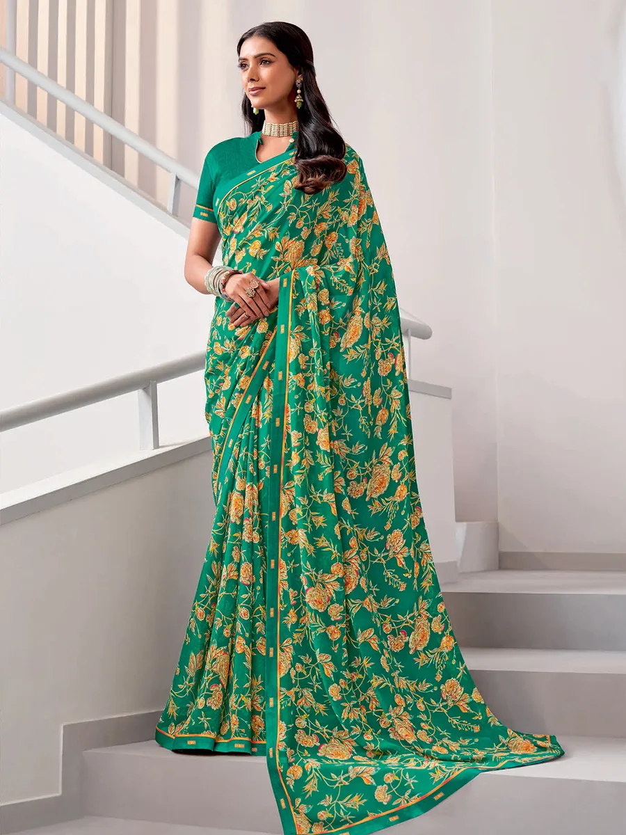 Stunning dark green floral printed saree