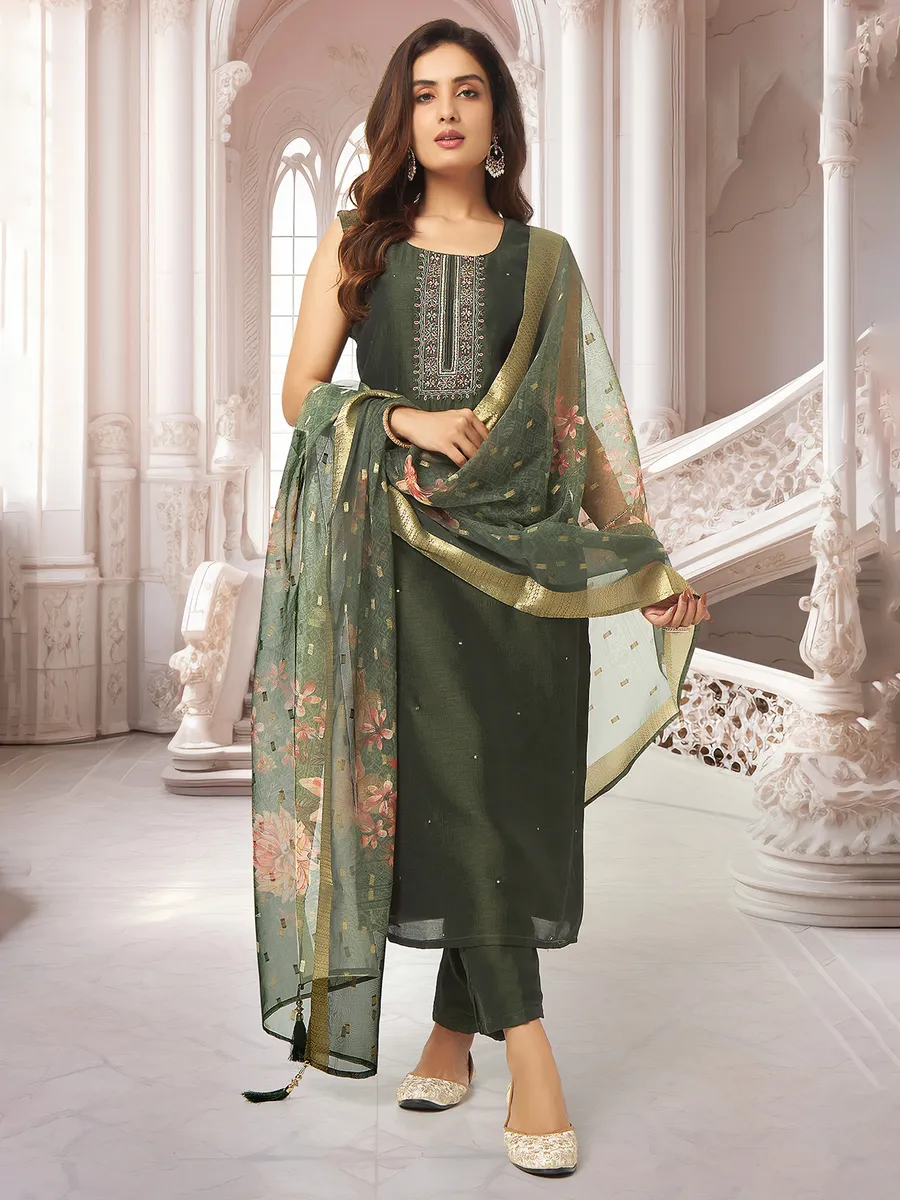 Stylish Olive Cotton Silk Designer Party Wear Readymade Salwar Suit With Olive Chanderi