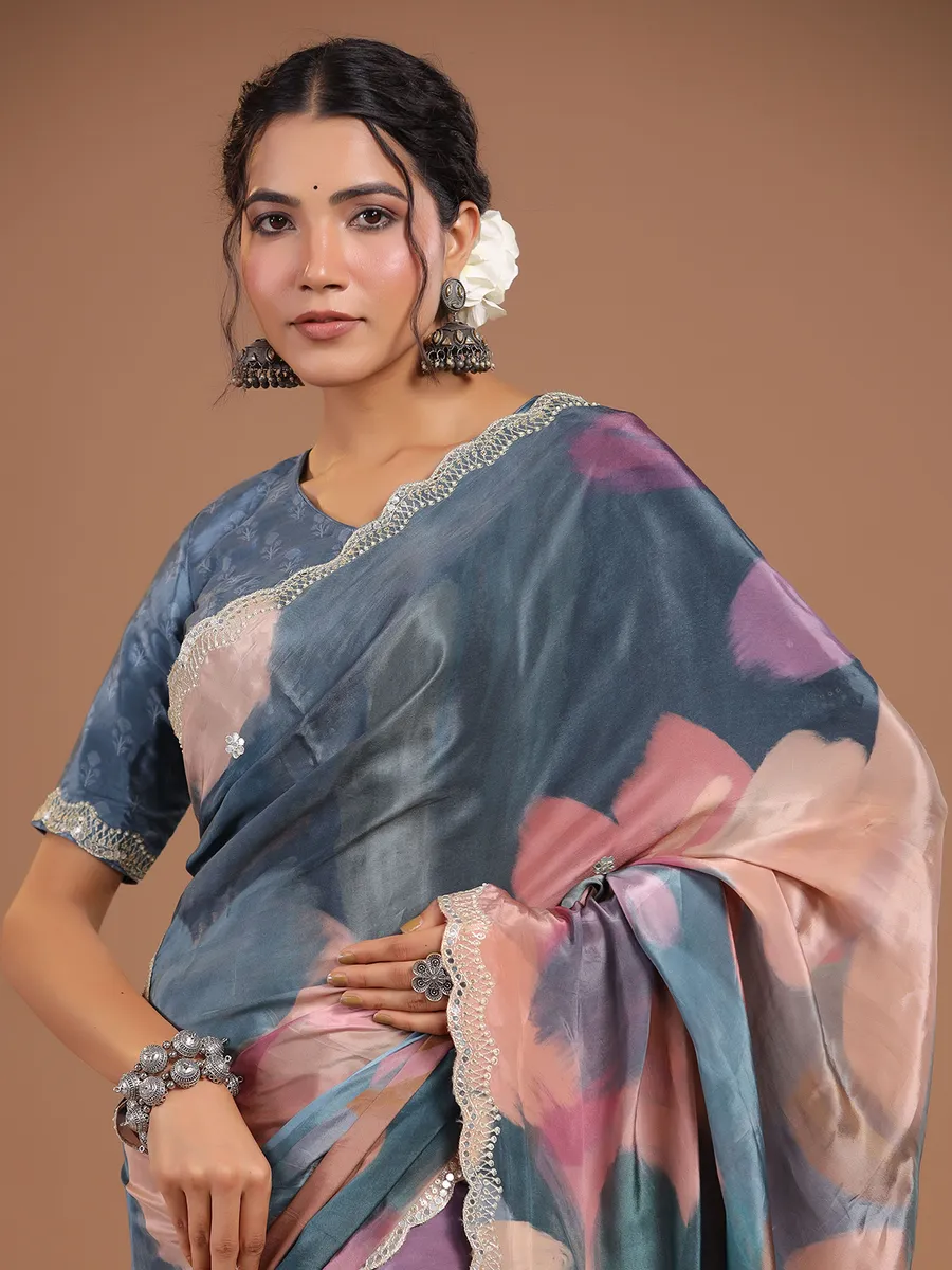 Stunning grey muslin silk printed saree