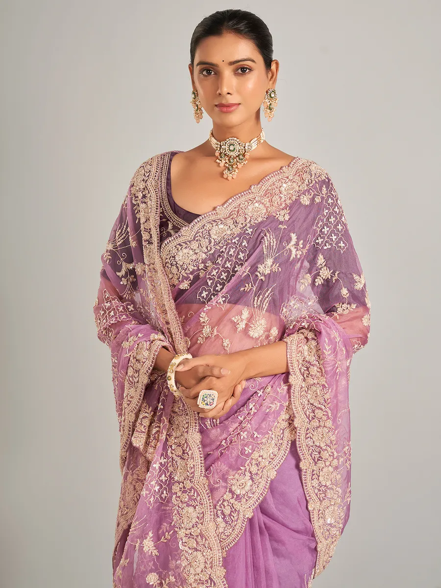 Stunning light purple saree in organza silk