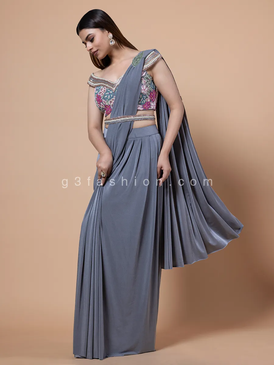 Stunning lycra grey pre stitched saree