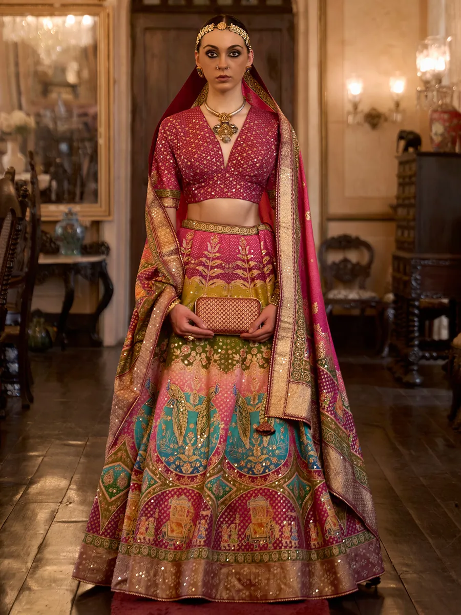 Stunning magenta silk printed lehenga choli