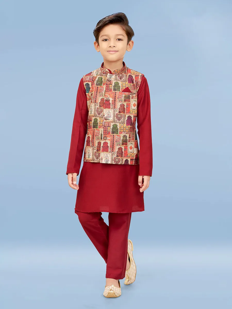 Stunning maroon silk printed waistcoat set