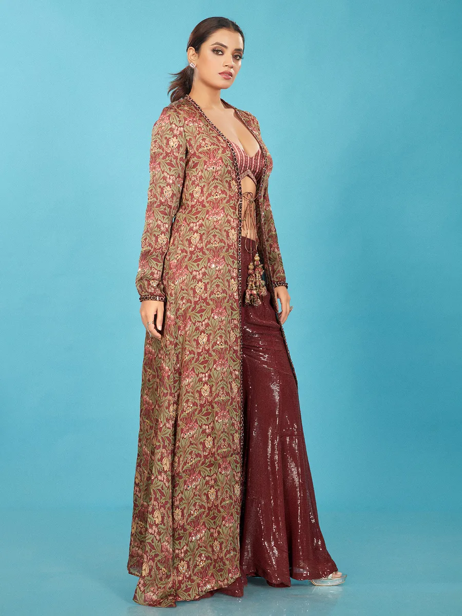 Stunning maroon silk sharara suit