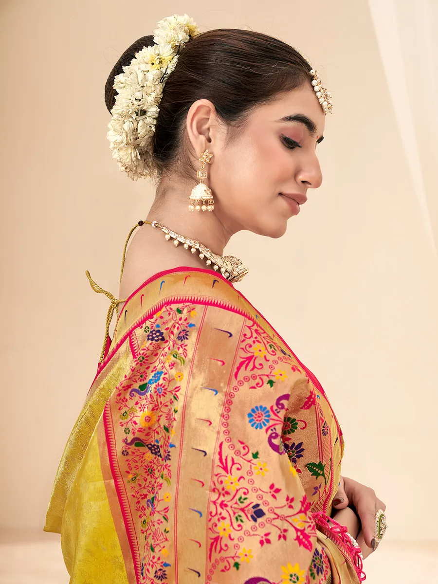 Stunning mustard yellow tissue silk saree