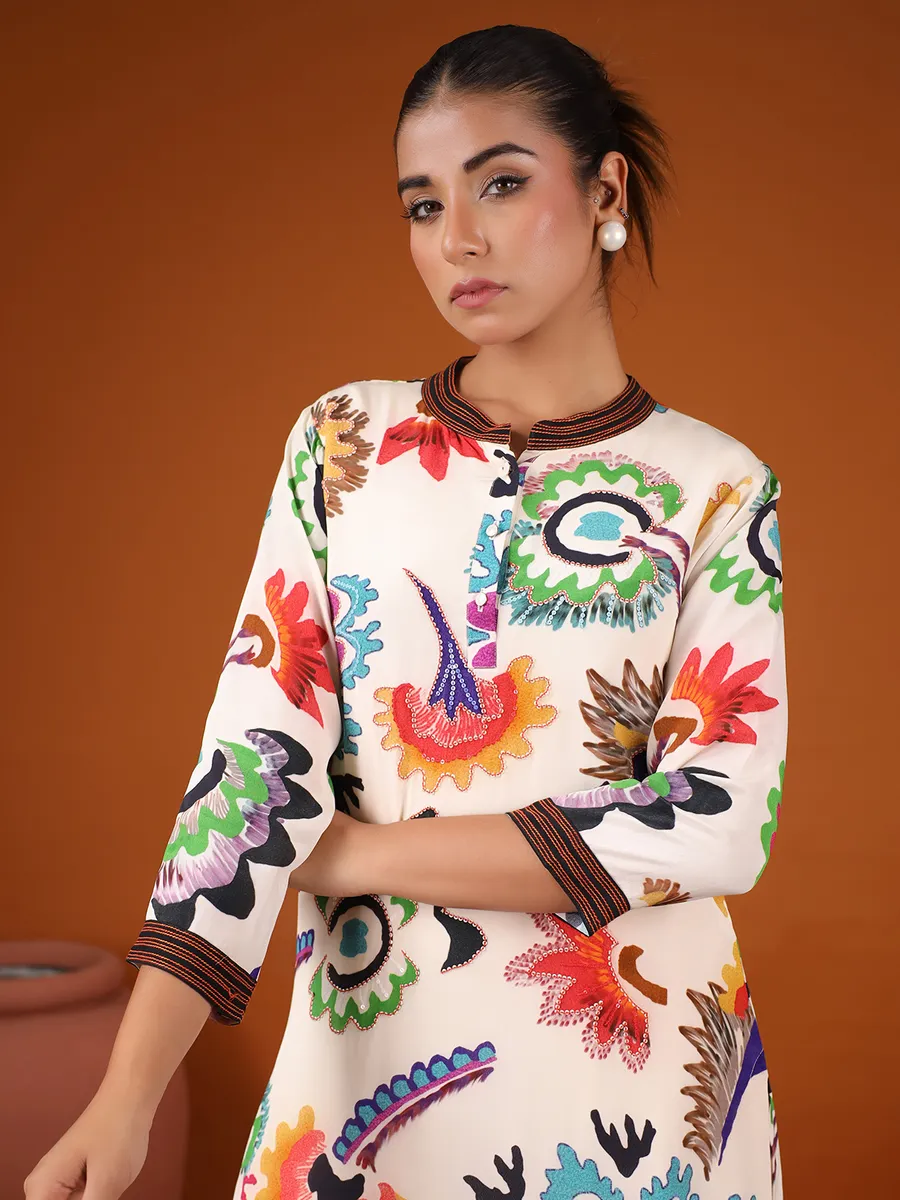 Stunning off-white satin kurti set