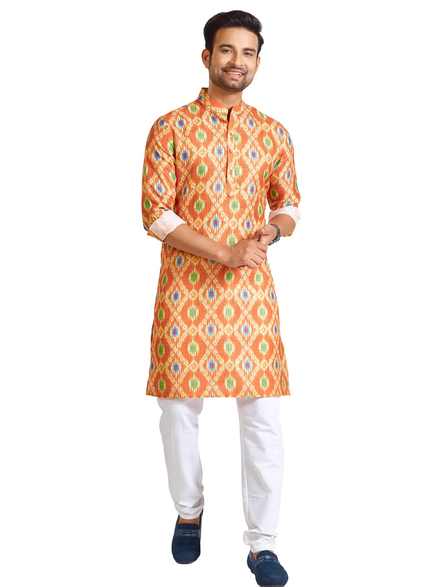 Stunning orange cotton printed kurta