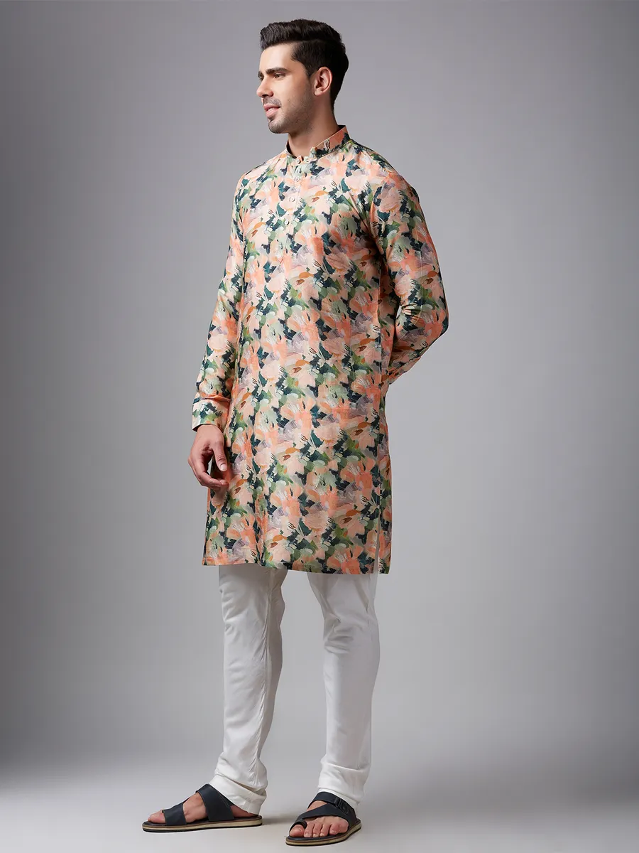 Stunning peach printed silk  Men Kurta pajama