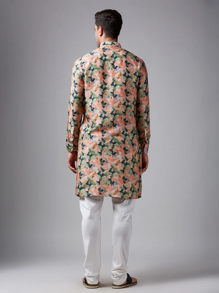 Stunning peach printed silk  Men Kurta pajama