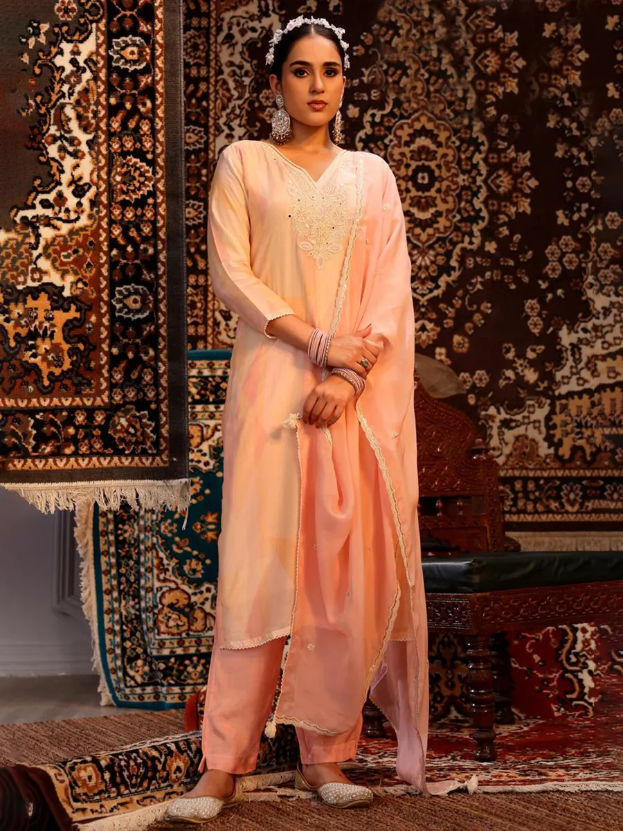 Stunning peach silk salwar suit for festive