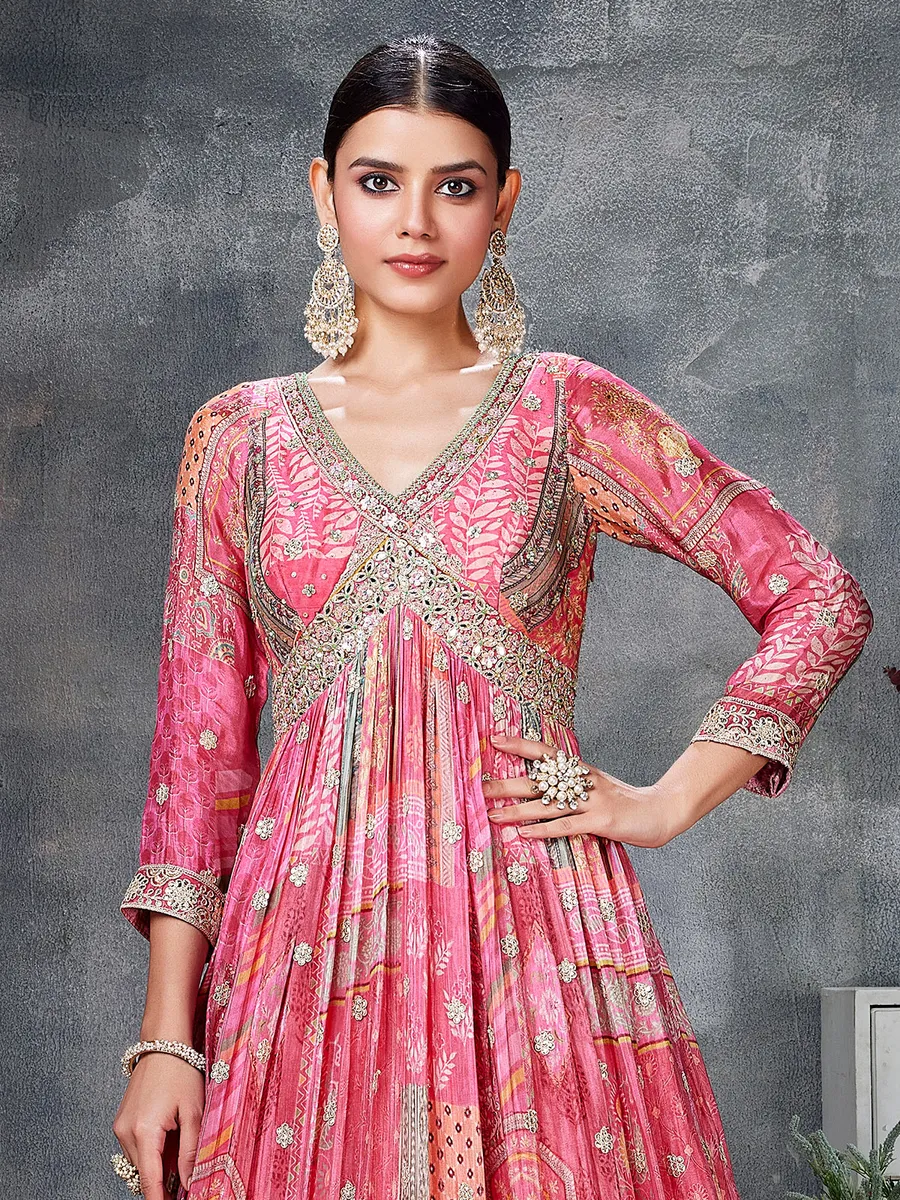 Stunning pink printed georgette anarkali suit