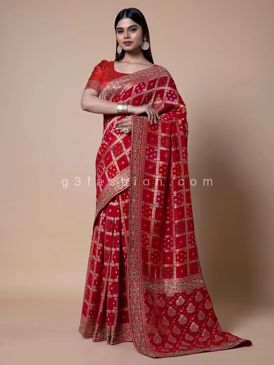 Stunning printed georgette red saree