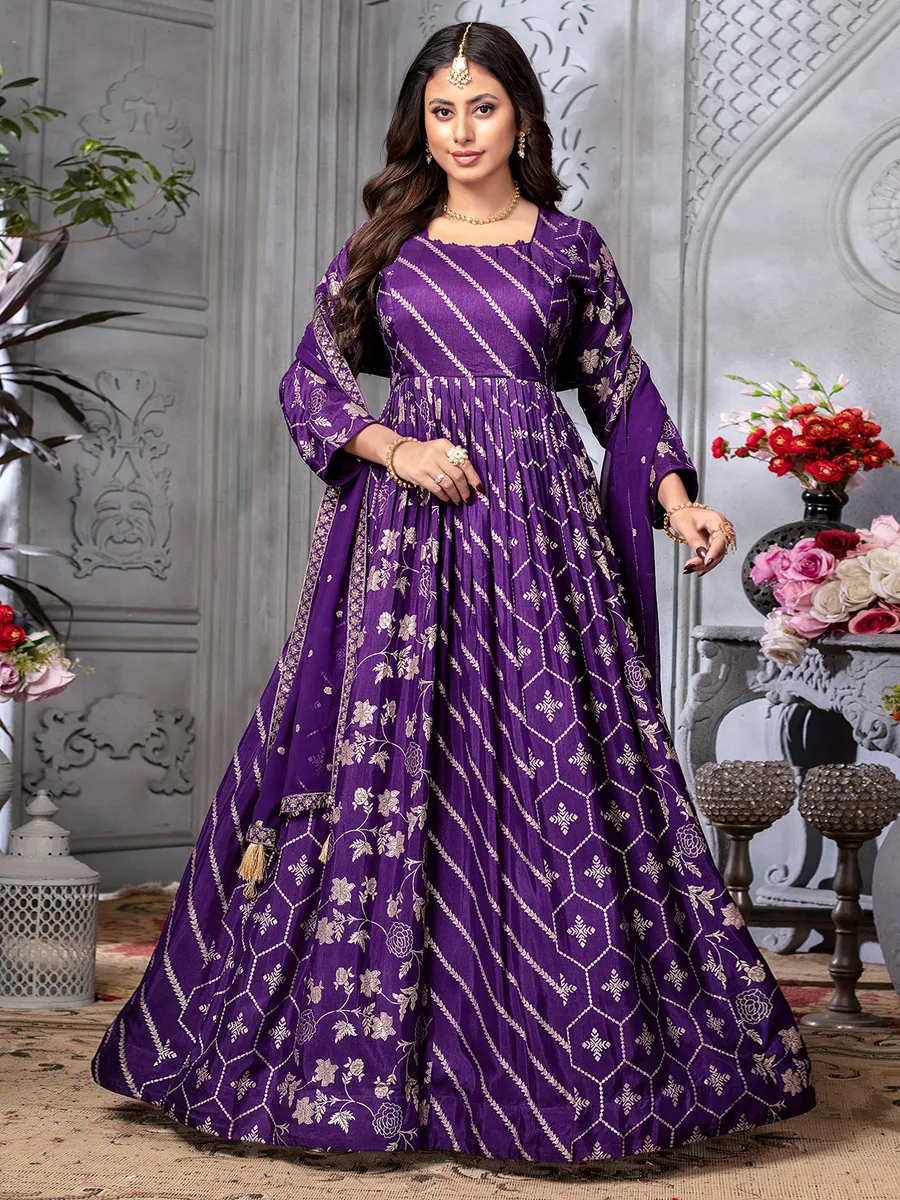 Stunning purple banarasi silk anarkali suit
