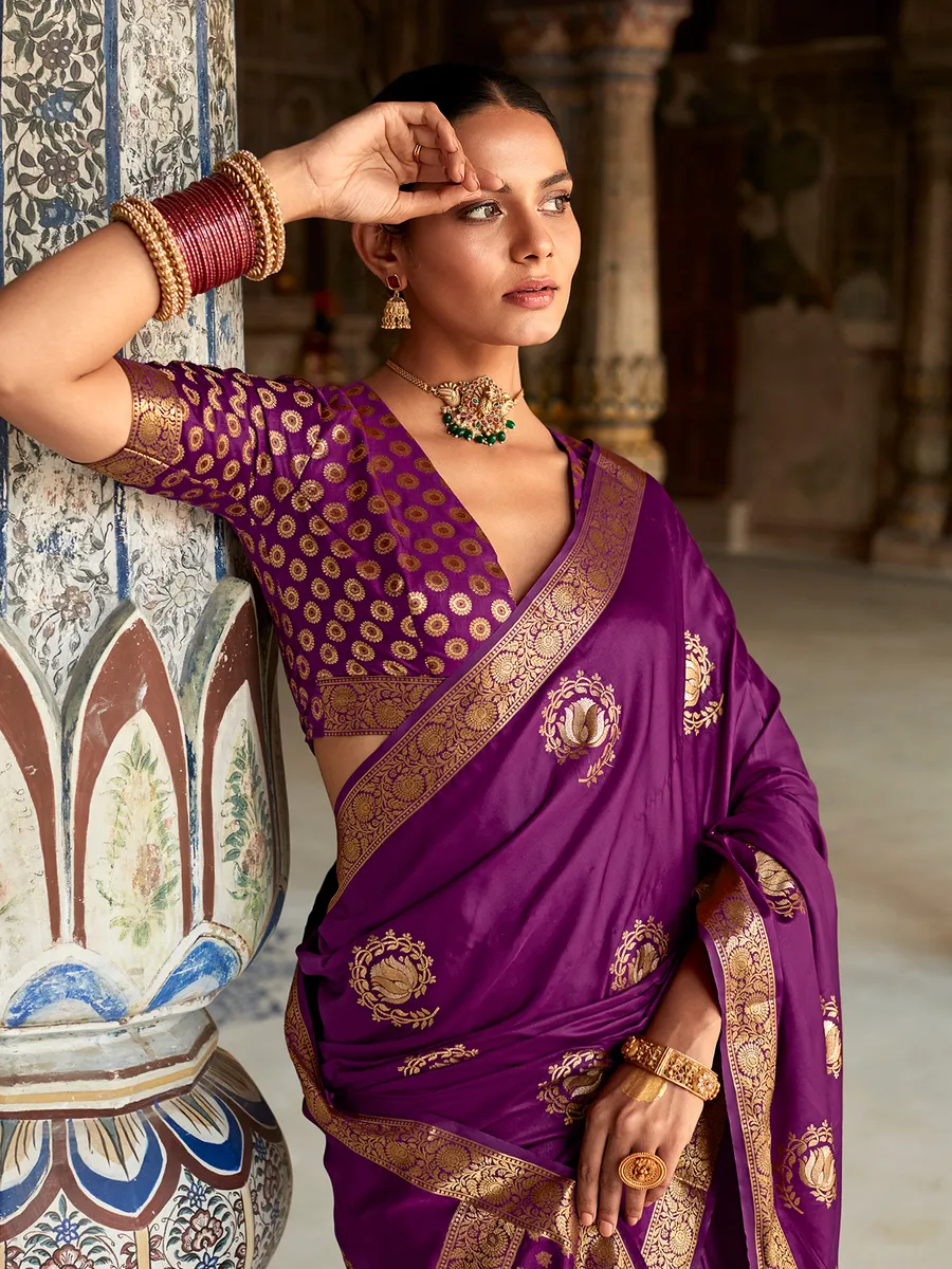 Stunning purple satin silk saree