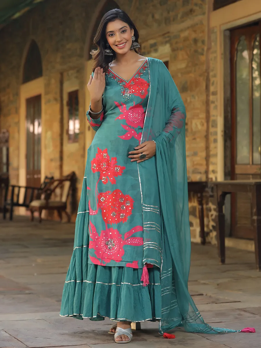 Stunning rama blue printed long kurti