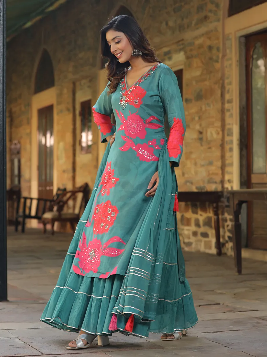 Stunning rama blue printed long kurti