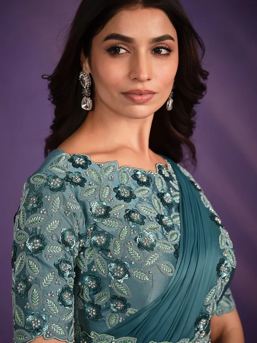 Stunning rama blue ready-to-wear saree