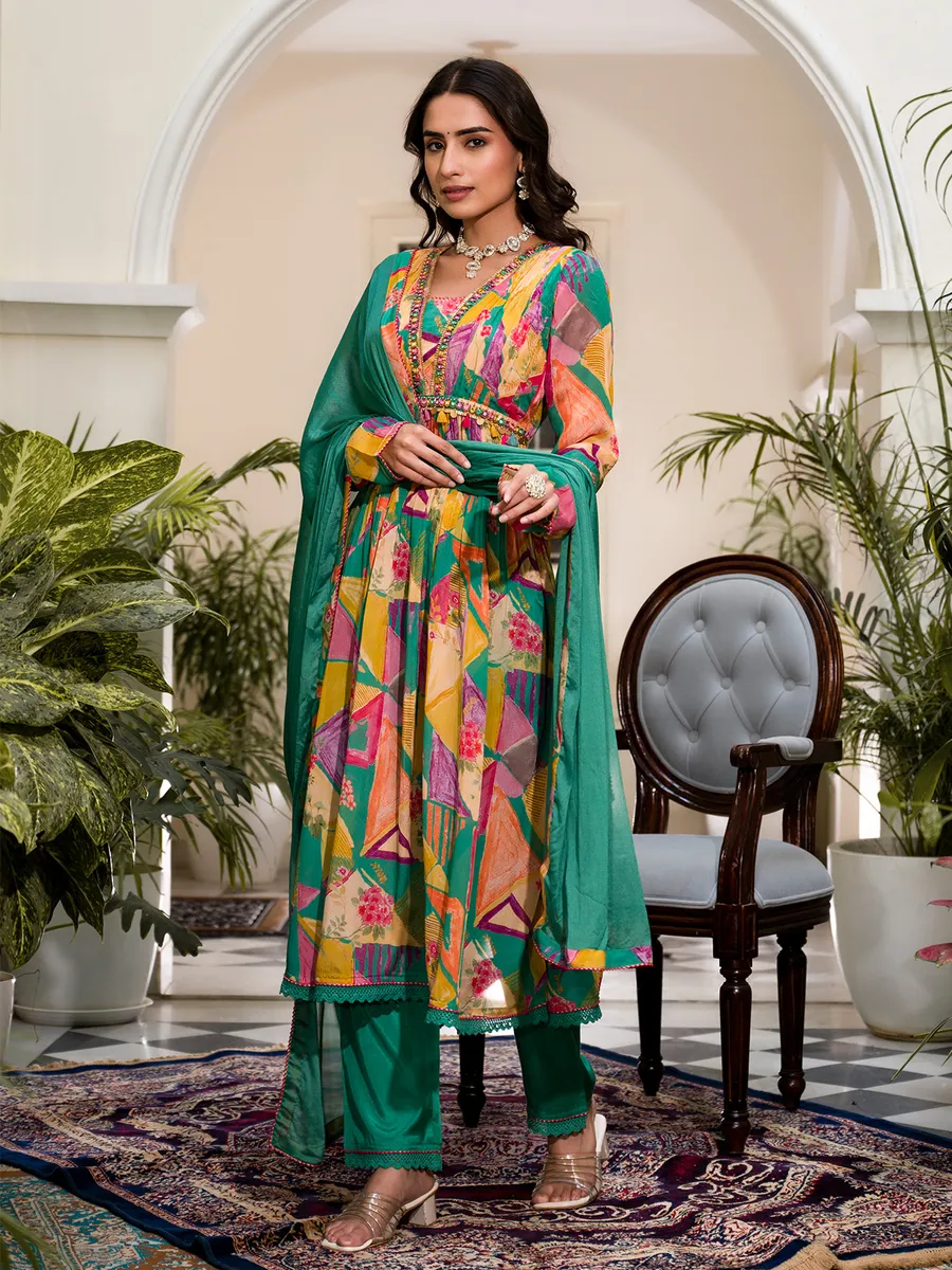 Stunning rama green silk printed kurti set