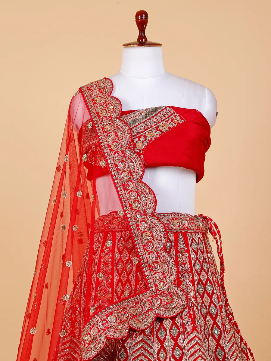 Stunning raw silk red unstitched lehenga choli