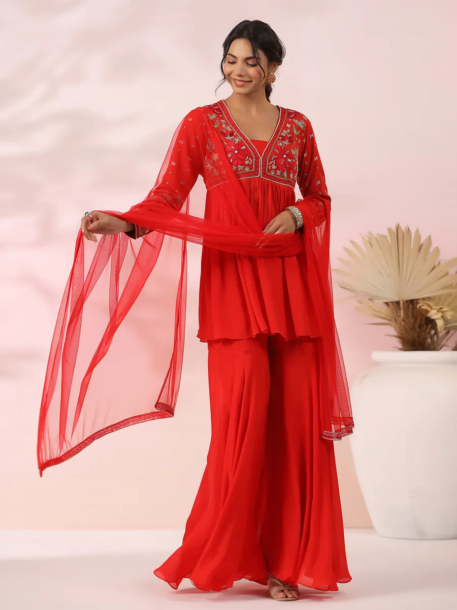 Stunning red georgette sharara suit