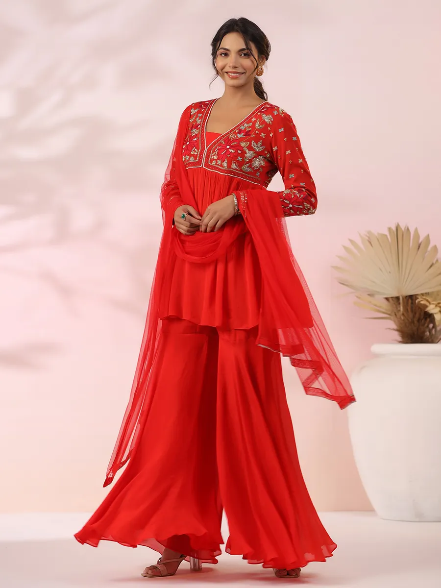 Stunning red georgette sharara suit