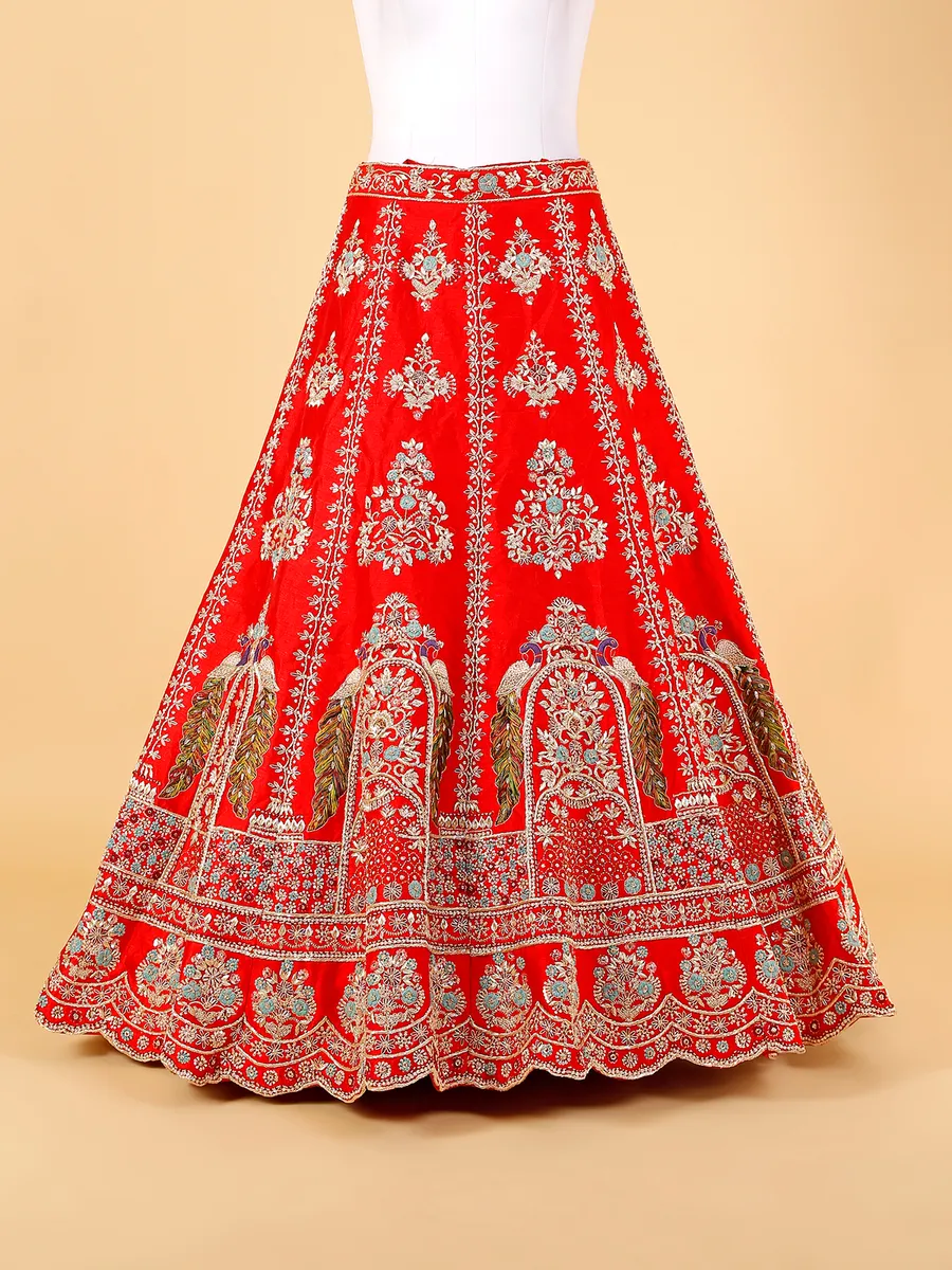 Stunning red unstitched lehenga choli in raw silk