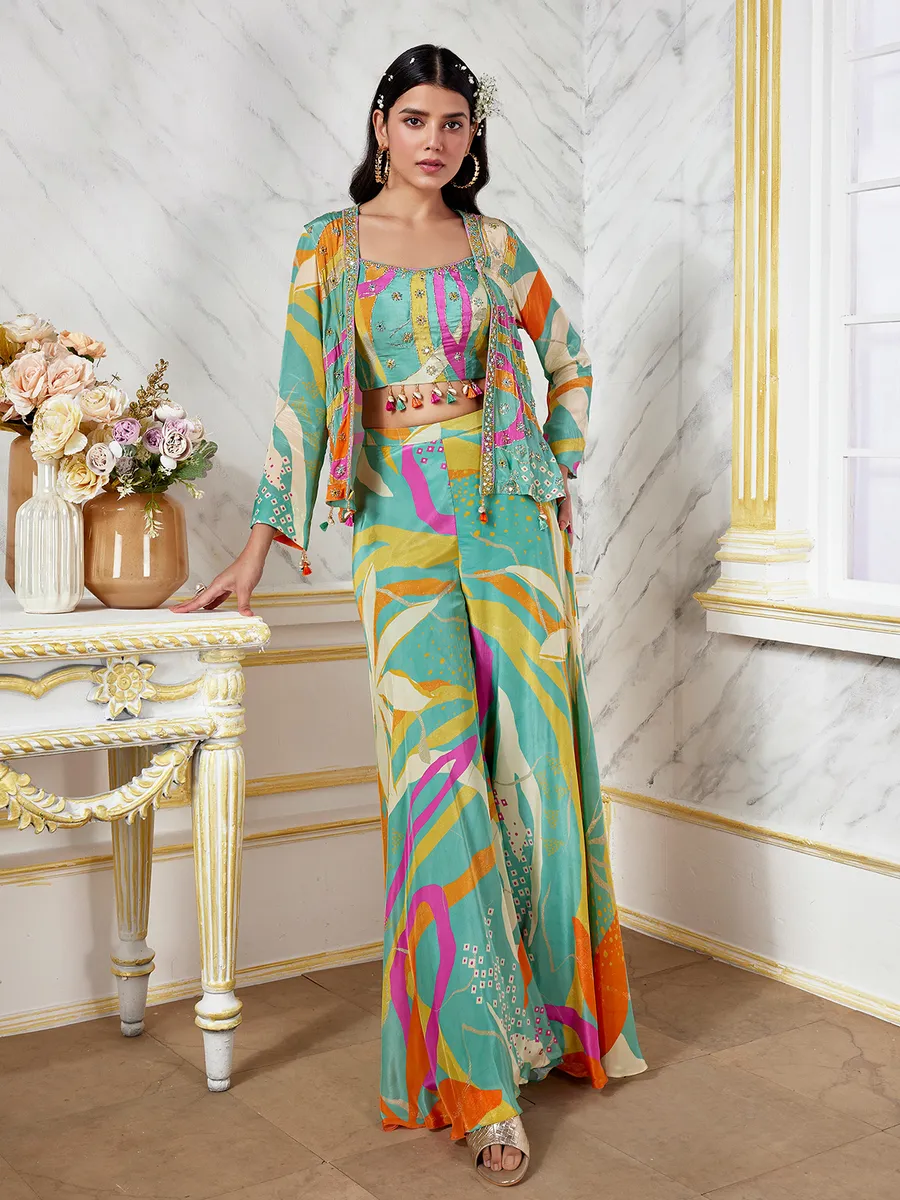 Stunning sea green printed palazzo suit