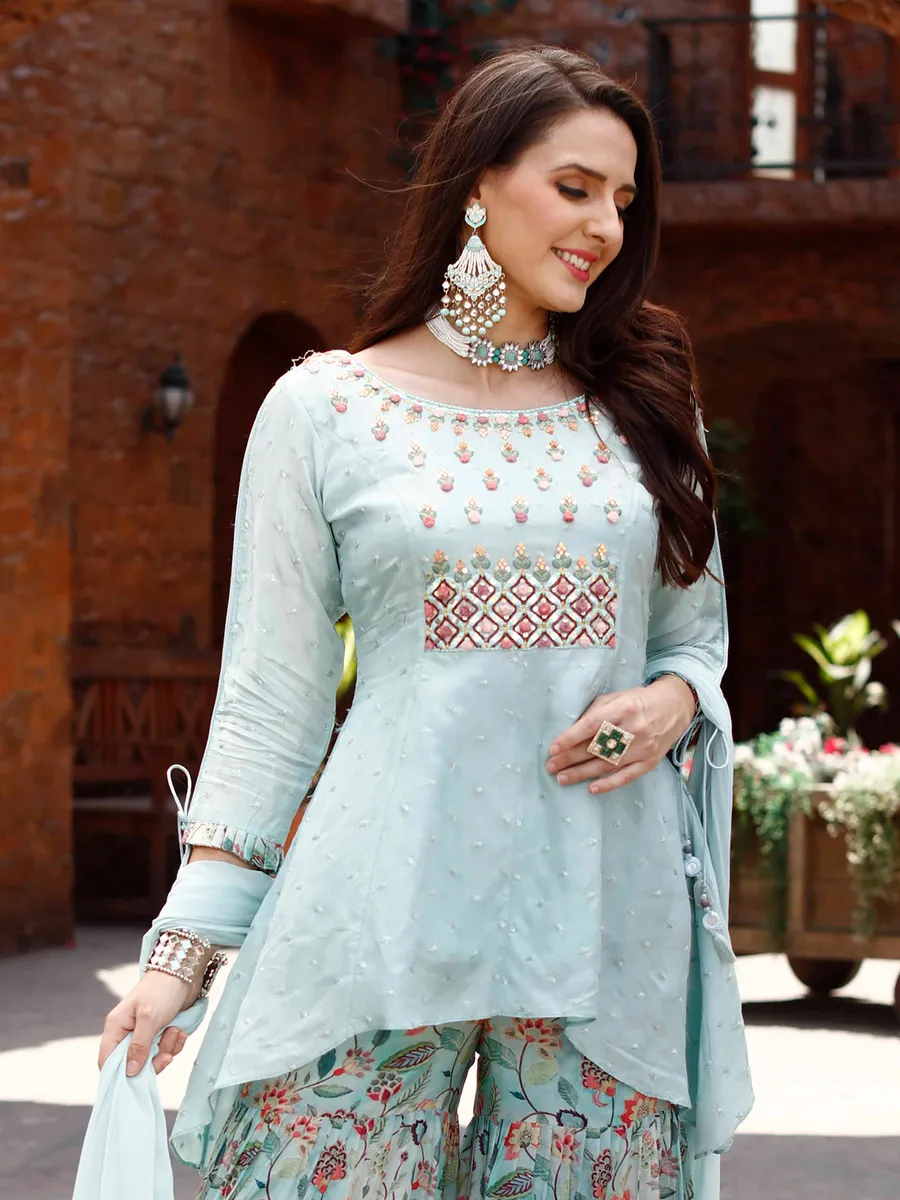 Stunning sky blue georgette sharara suit