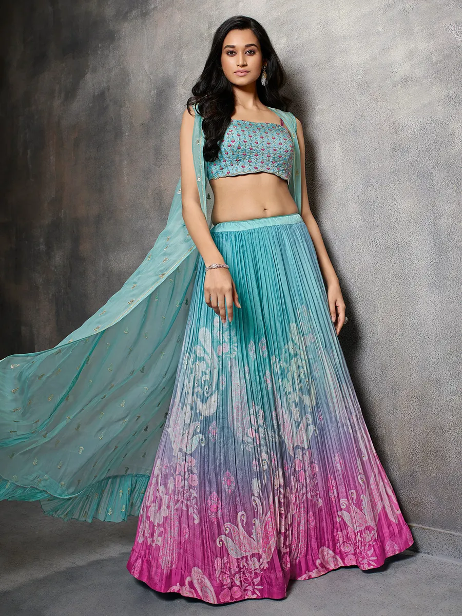 Stunning sky blue printed silk lehenga choli