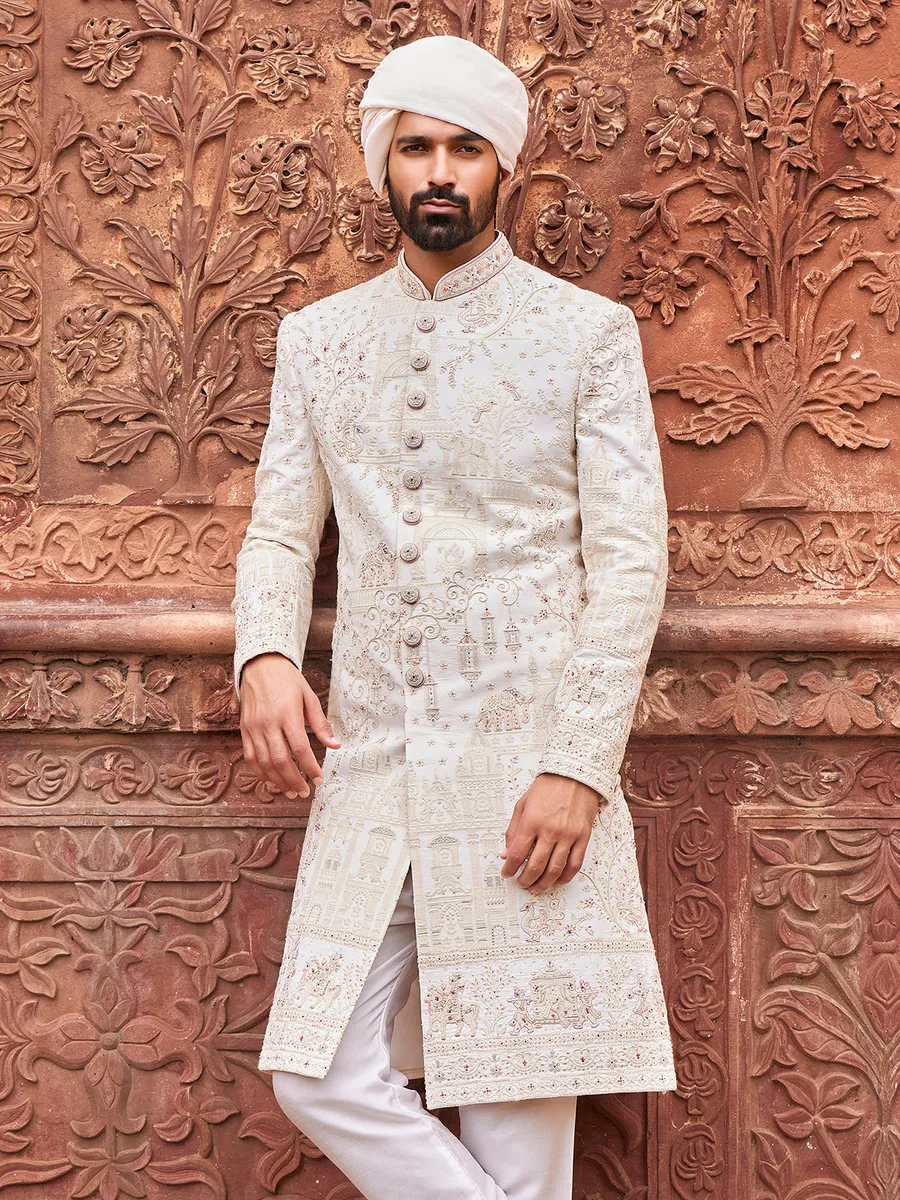 Stunning white raw silk sherwani