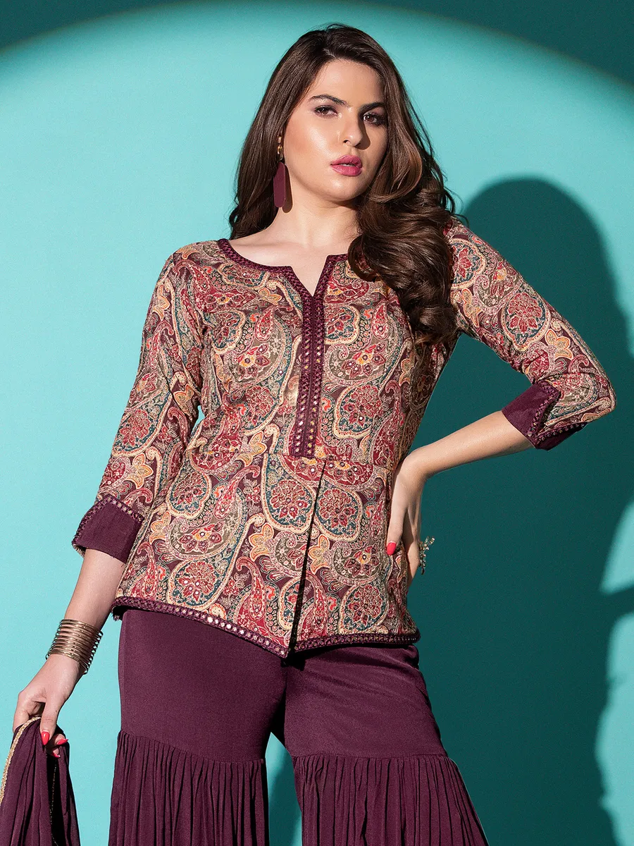 Wine Poly Crepe Sharara Suit