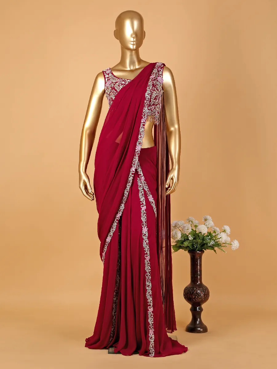 Stunning wine georgette ready-to-wear saree