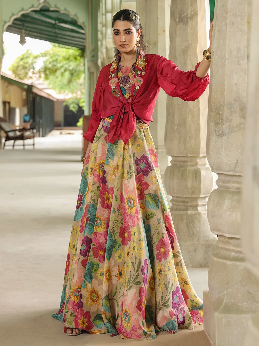 Stylish beige and maroon silk lehenga choli