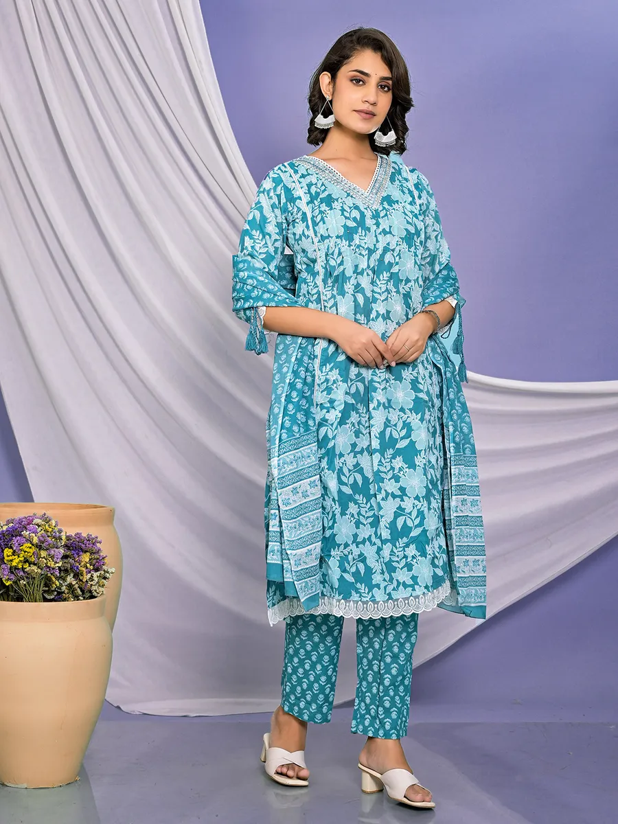 Stylish blue cotton printed kurti set