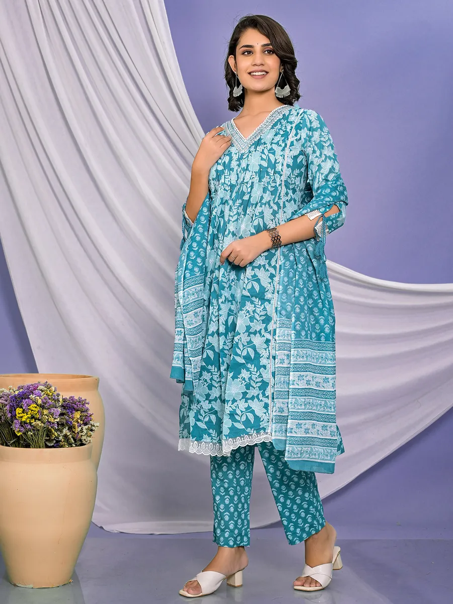 Stylish blue cotton printed kurti set