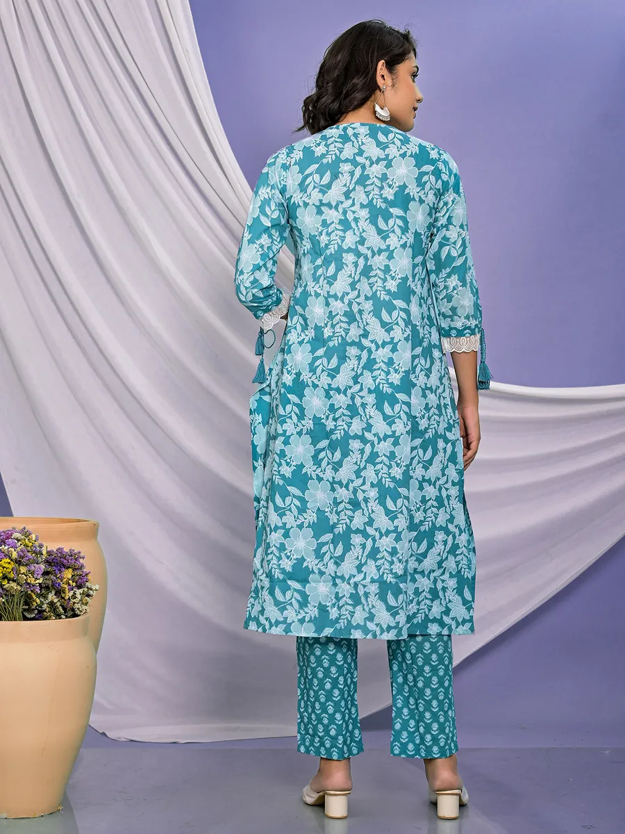 Stylish blue cotton printed kurti set