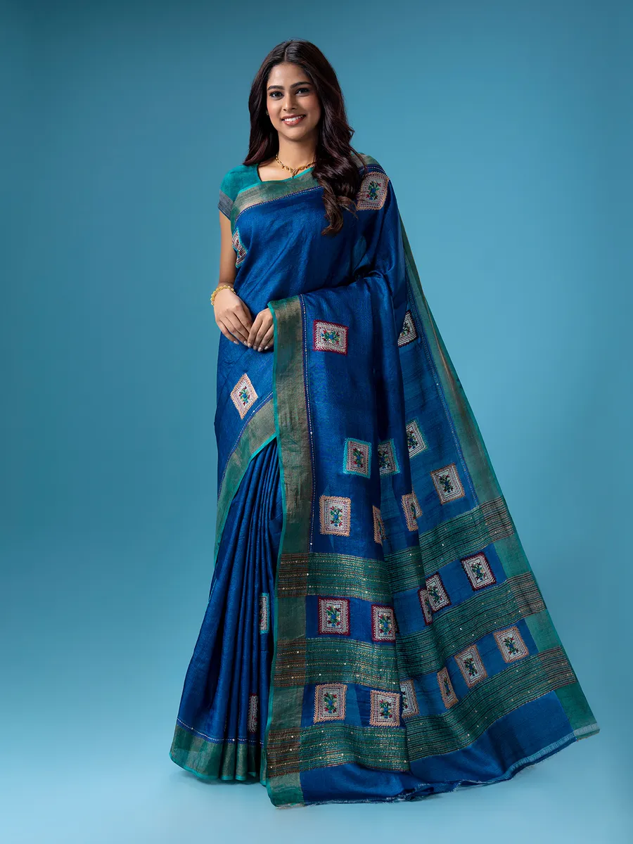 Stylish blue cotton saree