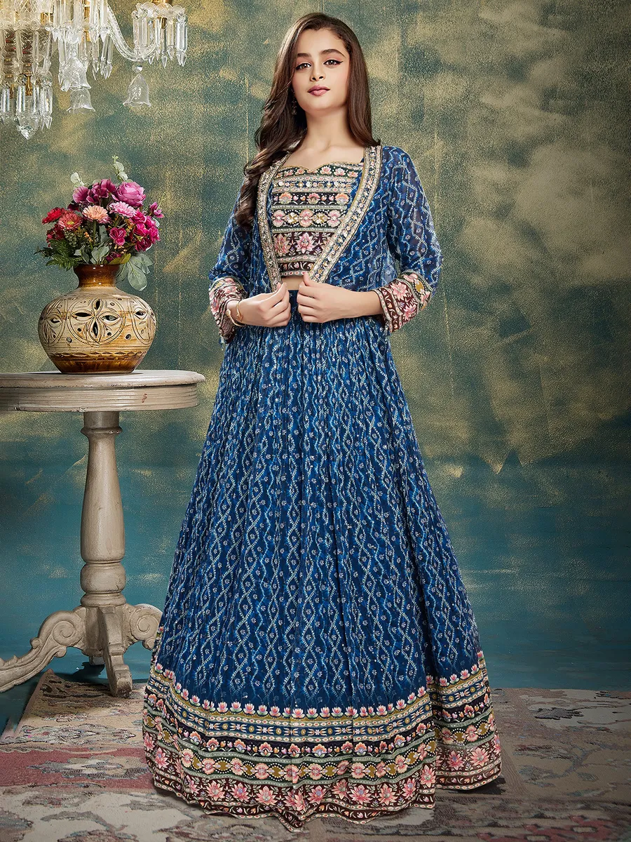 Stylish blue georgette lehenga choli with jacket
