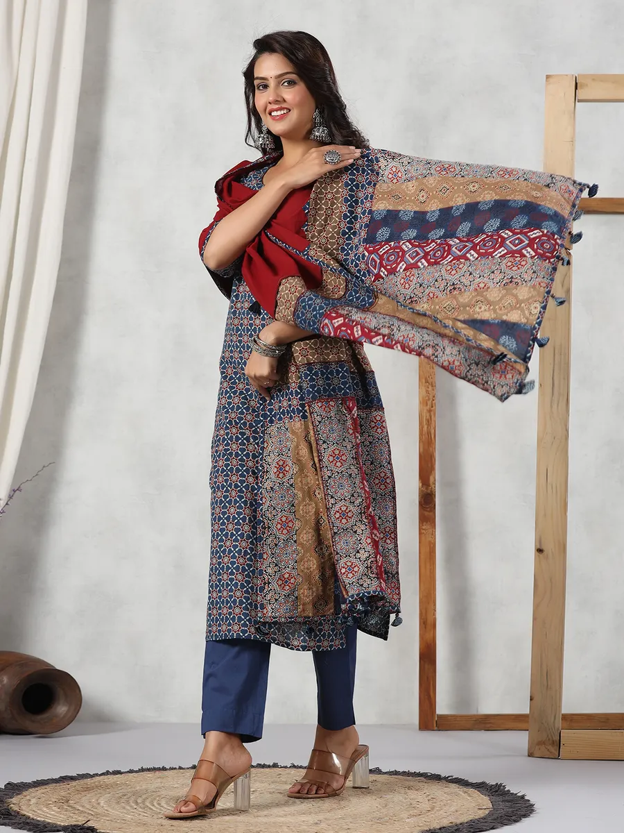 Stylish blue silk printed kurti set