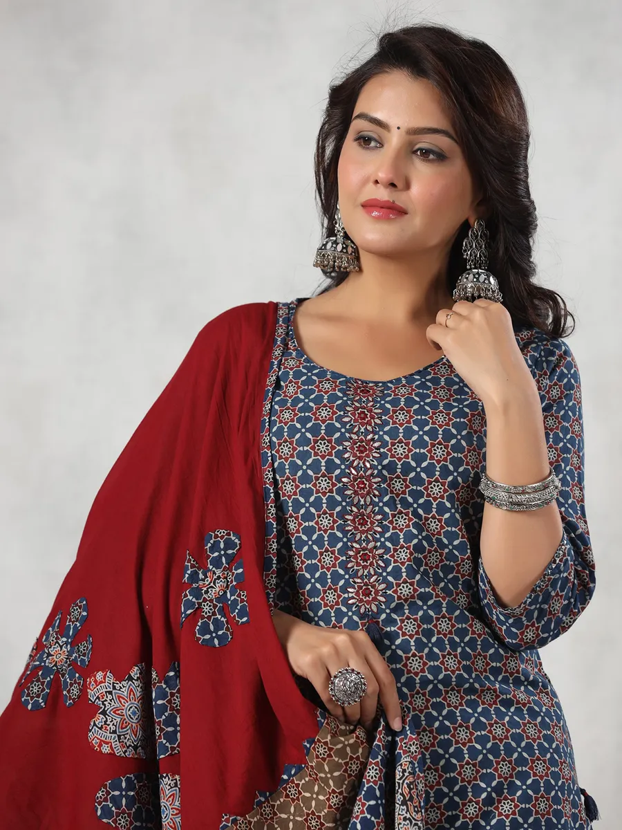 Stylish blue silk printed kurti set