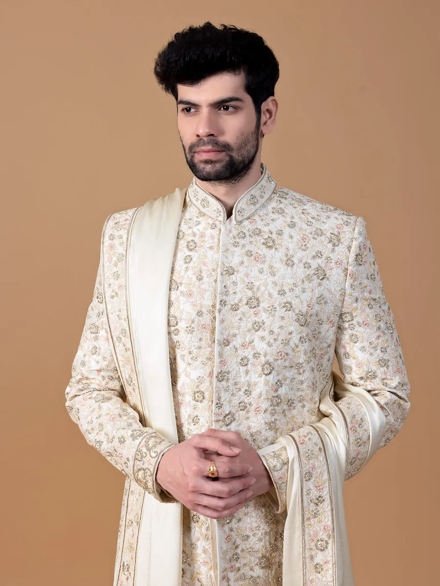 Stylish cream raw silk groom sherwani