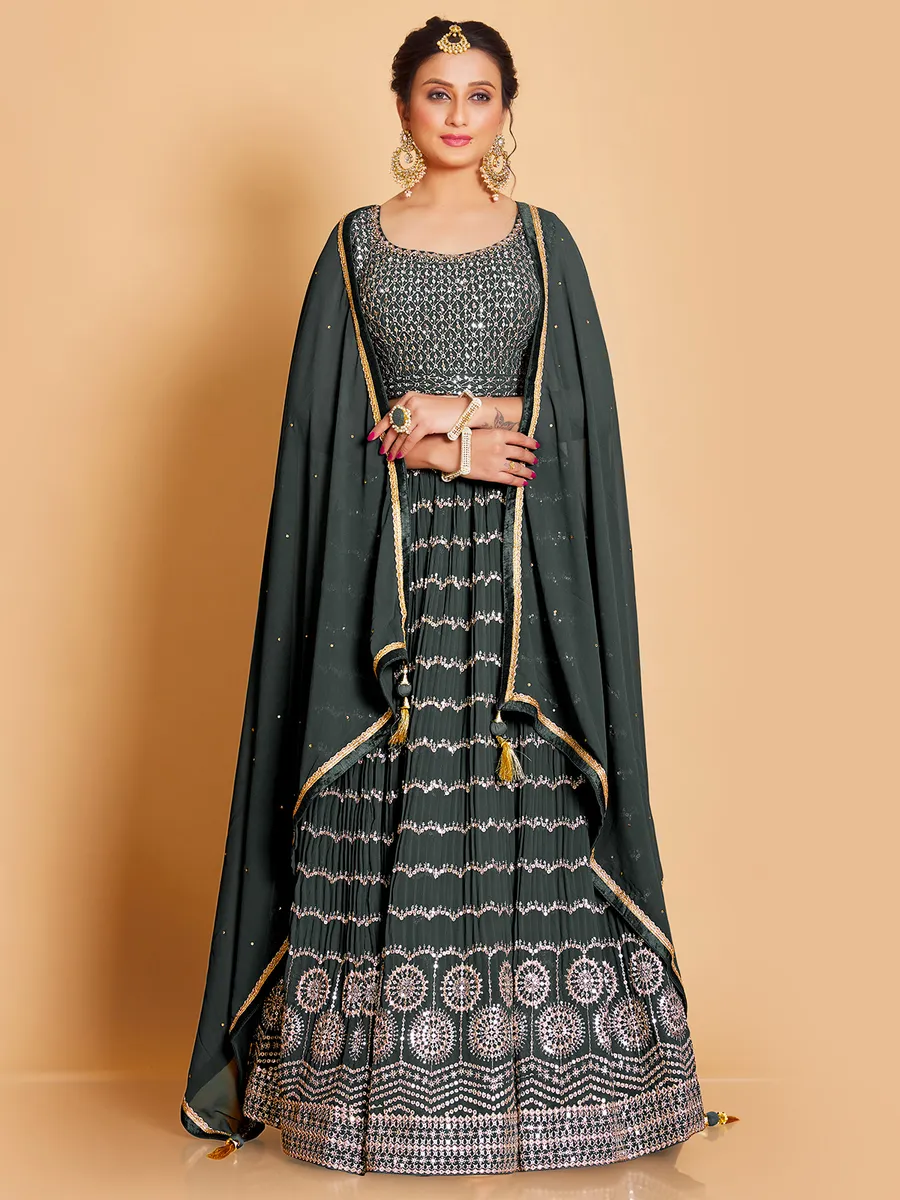 Stylish dark green georgette lehenga choli