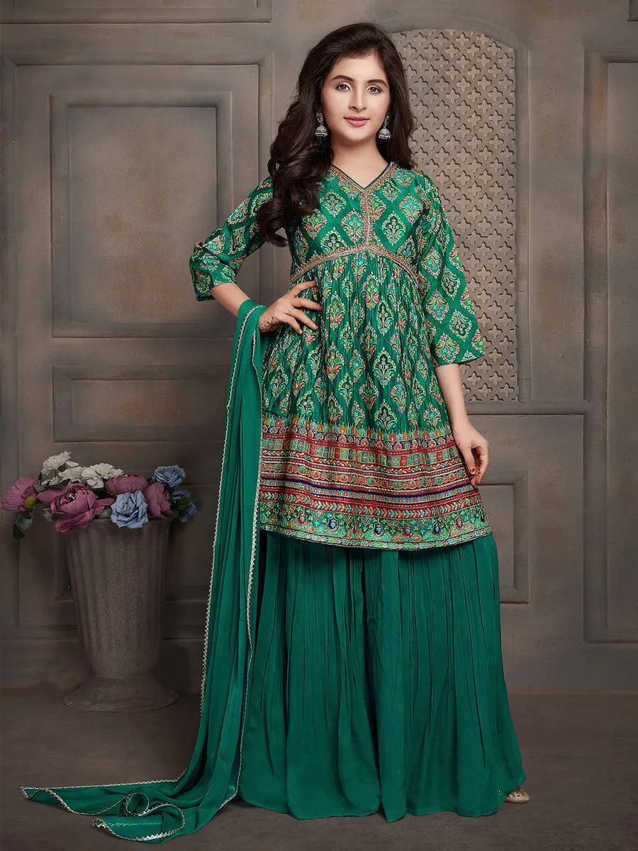 Stylish dark green printed palazzo suit