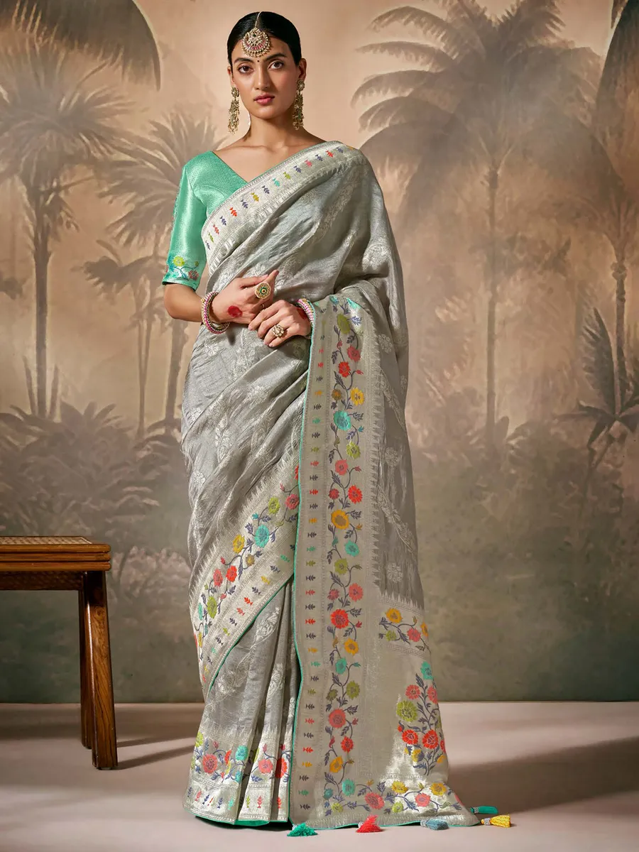 Grey with Brown  Banarasi Soft Silk Saree