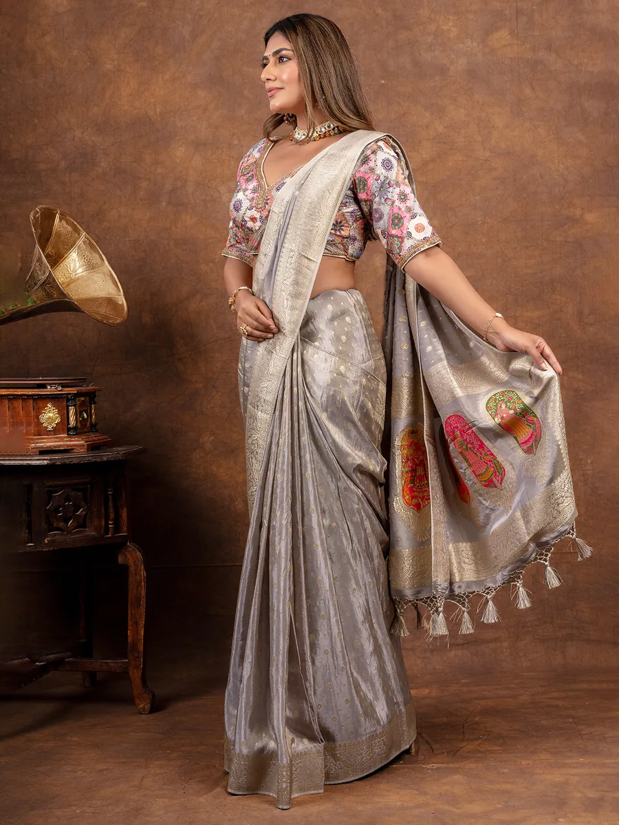 Stylish grey dola silk saree
